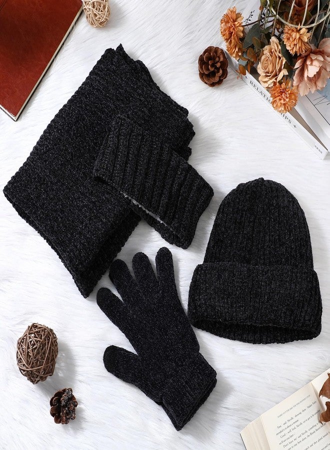 Breathffy 4 Pcs Winter Hat Scarf Gloves Headband Set Knit Beanie Touch Screen Gloves Long Scarf Xmas Gift for Women Men, Black Gray, One size - Image 3
