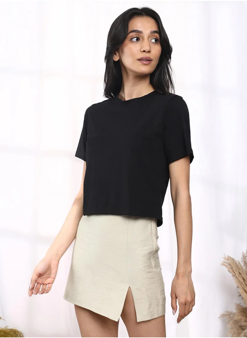 PINACOLADA Women's Midnight Black Solid Regular Fit T-Shirt