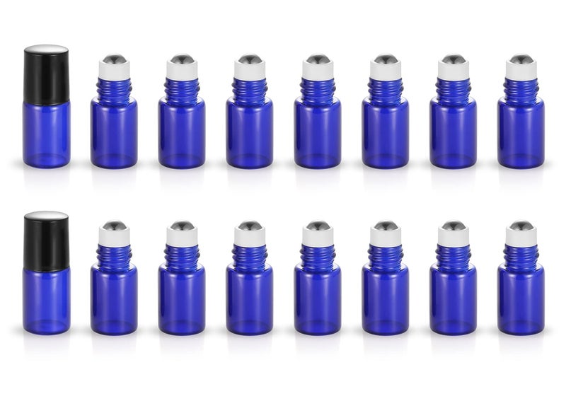 ZbFwmx 20 Pack Set 2ML(5/8 Dram) Micro Mini Glass Roll on Glass Bottles with Metal Roller Balls Refillable Slim Sample Vial Aromatherapy Essential Oil Roll On(2ML Blue) 