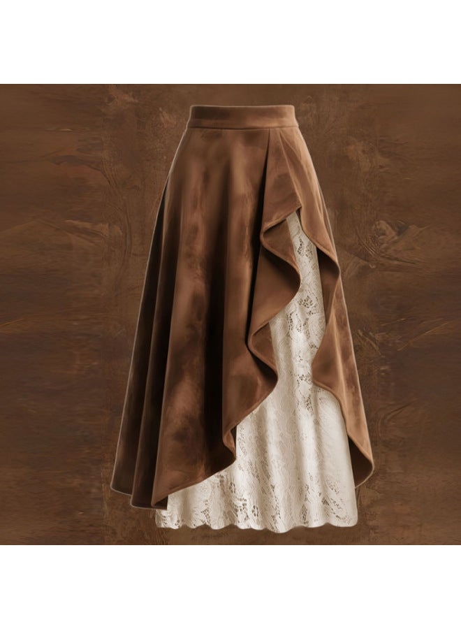 Women's Clothing Hot Retro Western Style Suede Lace Patchwork Irregular Long Skirt Dropshipping