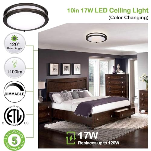 hykolity 10 inch Flush Mount LED Ceiling Light Fixture, 17W 1100lm, 2700K/3000K/3500K/4000K/5000K Adjustable Ceiling Lights, Oil Rubbed Bronze Saturn Dimmable Lighting for Hallway Bathroom or Kitchen - Image 3