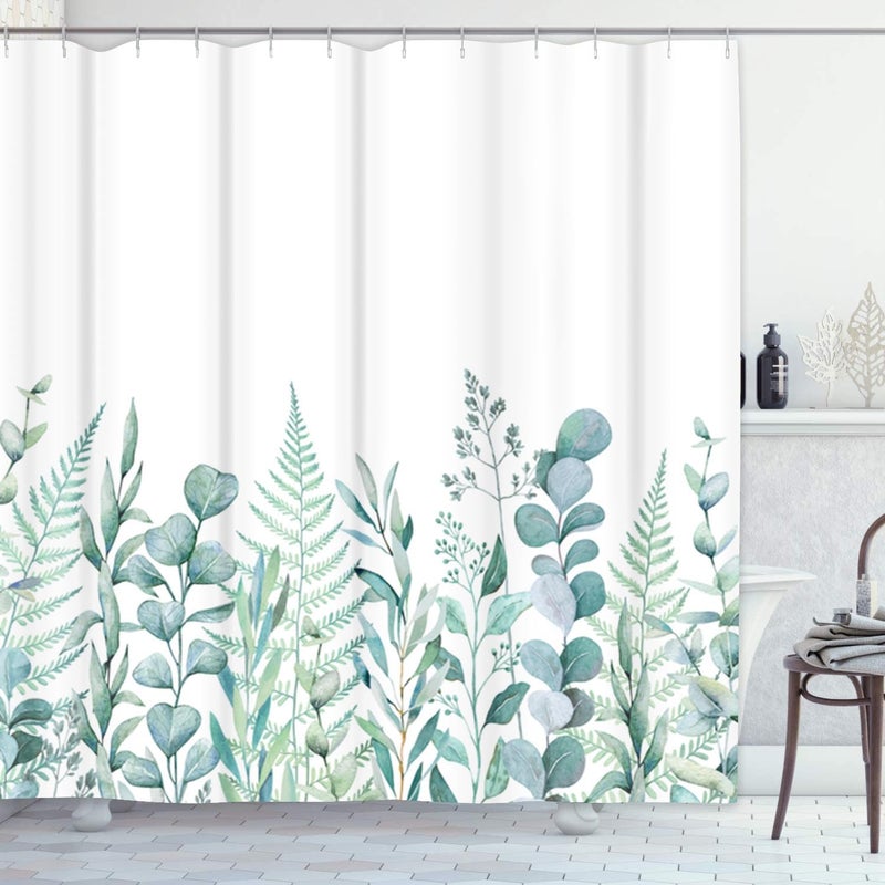 Emvency Fabric Shower Curtain Curtain with Hooks Green Eucalyptus Watercolor Floral Pattern Botanical Artistic Border Botany Bouquet Branch Clip 72"X72" Waterproof Decorative Bathroom - Image 1