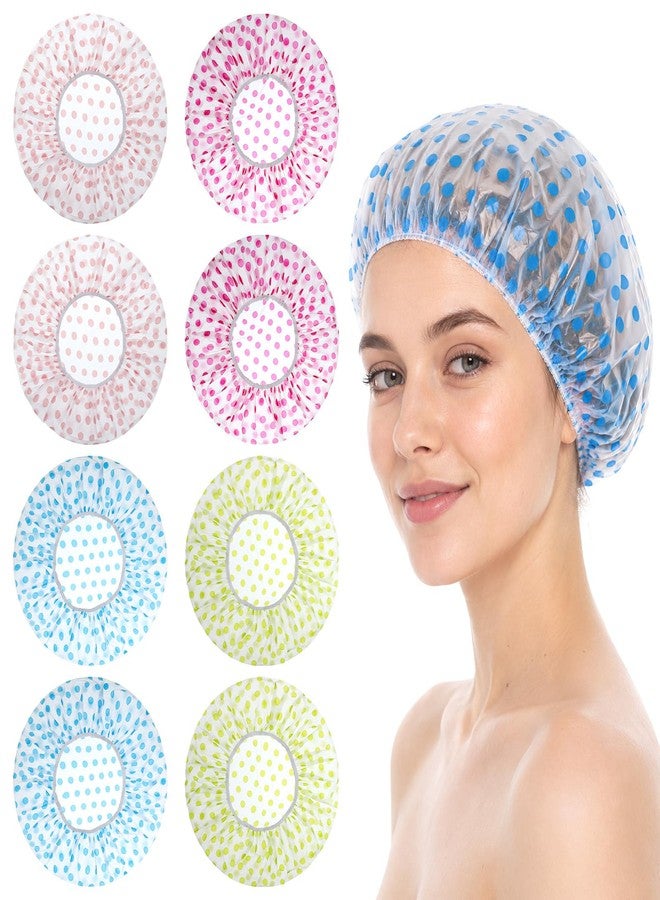 Heclia 8Pcs Reusable Shower Cap Waterproof Shower Cap Dot Printed Bath Headwear Elastic Band Bath Hair Cover Portable Travel Headgear for Women Men Spa Salon Home Hotel Daily Use - Image 1