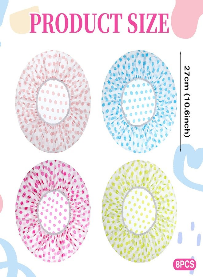 Heclia 8Pcs Reusable Shower Cap Waterproof Shower Cap Dot Printed Bath Headwear Elastic Band Bath Hair Cover Portable Travel Headgear for Women Men Spa Salon Home Hotel Daily Use - Image 2