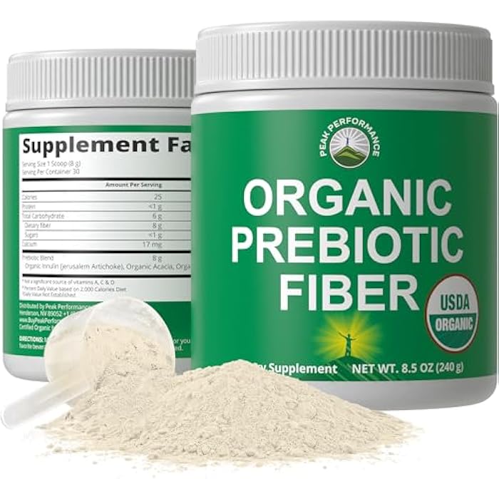 Peak Performance USDA Organic Prebiotic Fiber 3-in-1 Vegan Powder for Gut Health - Raw Whole Food Plant Based Prebiotics Digestive Supplement with Inulin (Jerusalem Artichoke), Acacia Fibers, SunFiber 240g - Image 1