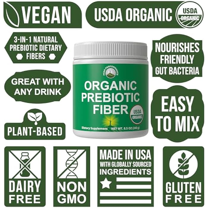 Peak Performance USDA Organic Prebiotic Fiber 3-in-1 Vegan Powder for Gut Health - Raw Whole Food Plant Based Prebiotics Digestive Supplement with Inulin (Jerusalem Artichoke), Acacia Fibers, SunFiber 240g - Image 3