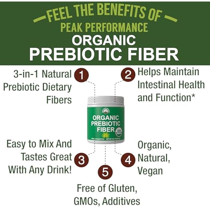 Peak Performance USDA Organic Prebiotic Fiber 3-in-1 Vegan Powder for Gut Health - Raw Whole Food Plant Based Prebiotics Digestive Supplement with Inulin (Jerusalem Artichoke), Acacia Fibers, SunFiber 240g - Image 2