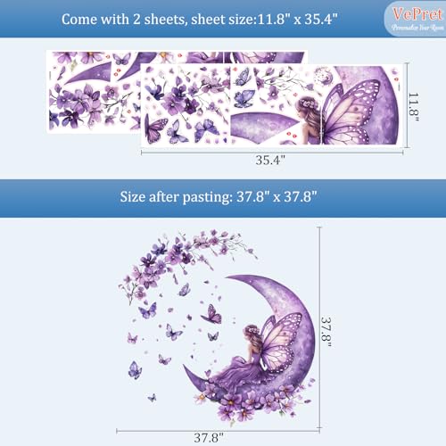 VePret Purple Fairy Wall Decals Peel and Stick, Butterflies Moon Flowers Wall Stickers, Removable Vinyl Home Decor Art for Girls Bedroom Baby Nursery Daycare - Image 3