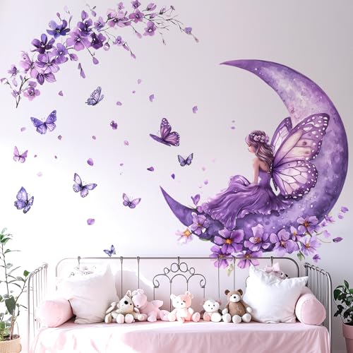 VePret Purple Fairy Wall Decals Peel and Stick, Butterflies Moon Flowers Wall Stickers, Removable Vinyl Home Decor Art for Girls Bedroom Baby Nursery Daycare - Image 1