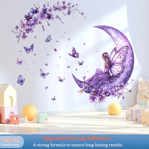 VePret Purple Fairy Wall Decals Peel and Stick, Butterflies Moon Flowers Wall Stickers, Removable Vinyl Home Decor Art for Girls Bedroom Baby Nursery Daycare - Image 5