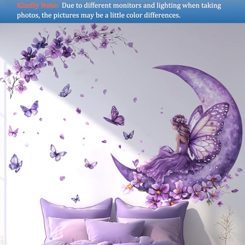 VePret Purple Fairy Wall Decals Peel and Stick, Butterflies Moon Flowers Wall Stickers, Removable Vinyl Home Decor Art for Girls Bedroom Baby Nursery Daycare - Image 4