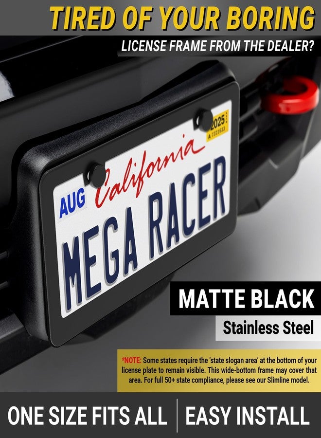 Mega Racer Metal Black License Plate Frame - 2 Hole Slim Front or Rear Black Aluminum License Plate Frames with Stainless Steel Screws and Black Screw Caps (1 Piece) - Image 2
