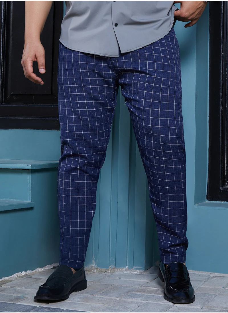 انستافاب بلس Instafab Plus Men's Navy Blue Graph Tailored Trousers For Casual Wear | Mid-Rise | Regular Fit | Button Closure | Plus Size Trousers Crafted With Comfort Fit For Everyday Wear