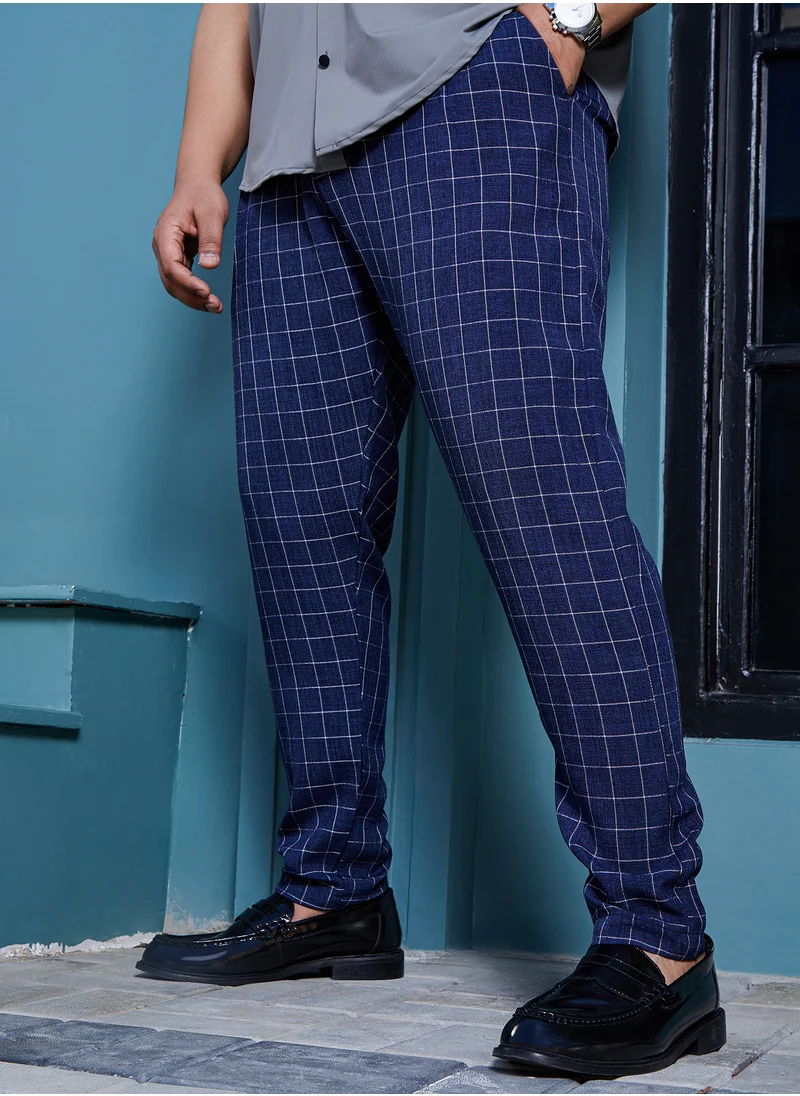 انستافاب بلس Instafab Plus Men's Navy Blue Graph Tailored Trousers For Casual Wear | Mid-Rise | Regular Fit | Button Closure | Plus Size Trousers Crafted With Comfort Fit For Everyday Wear