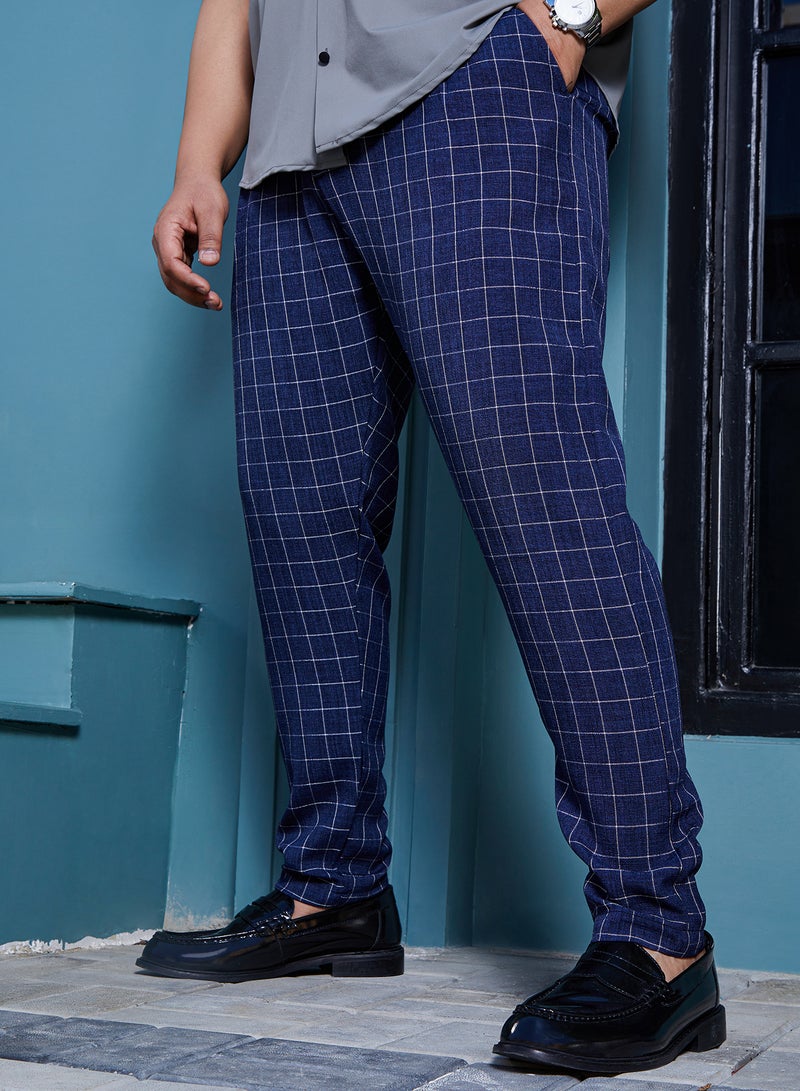 Instafab Plus Instafab Plus Men's Navy Blue Graph Tailored Trousers For Casual Wear | Mid-Rise | Regular Fit | Button Closure | Plus Size Trousers Crafted With Comfort Fit For Everyday Wear  - Image 1