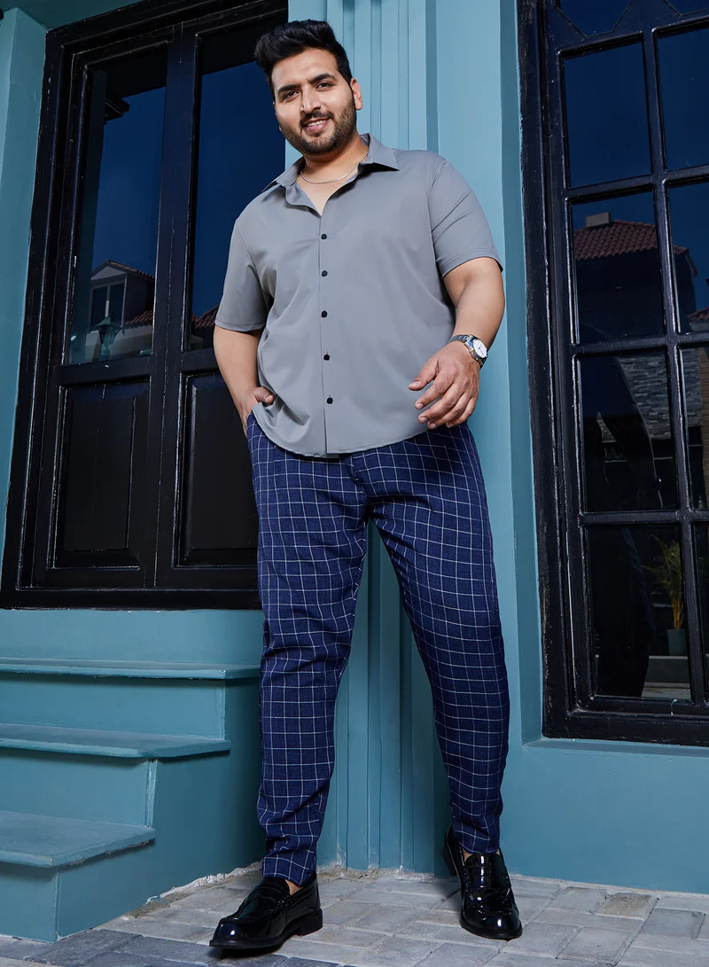 Instafab Plus Instafab Plus Men's Navy Blue Graph Tailored Trousers For Casual Wear | Mid-Rise | Regular Fit | Button Closure | Plus Size Trousers Crafted With Comfort Fit For Everyday Wear