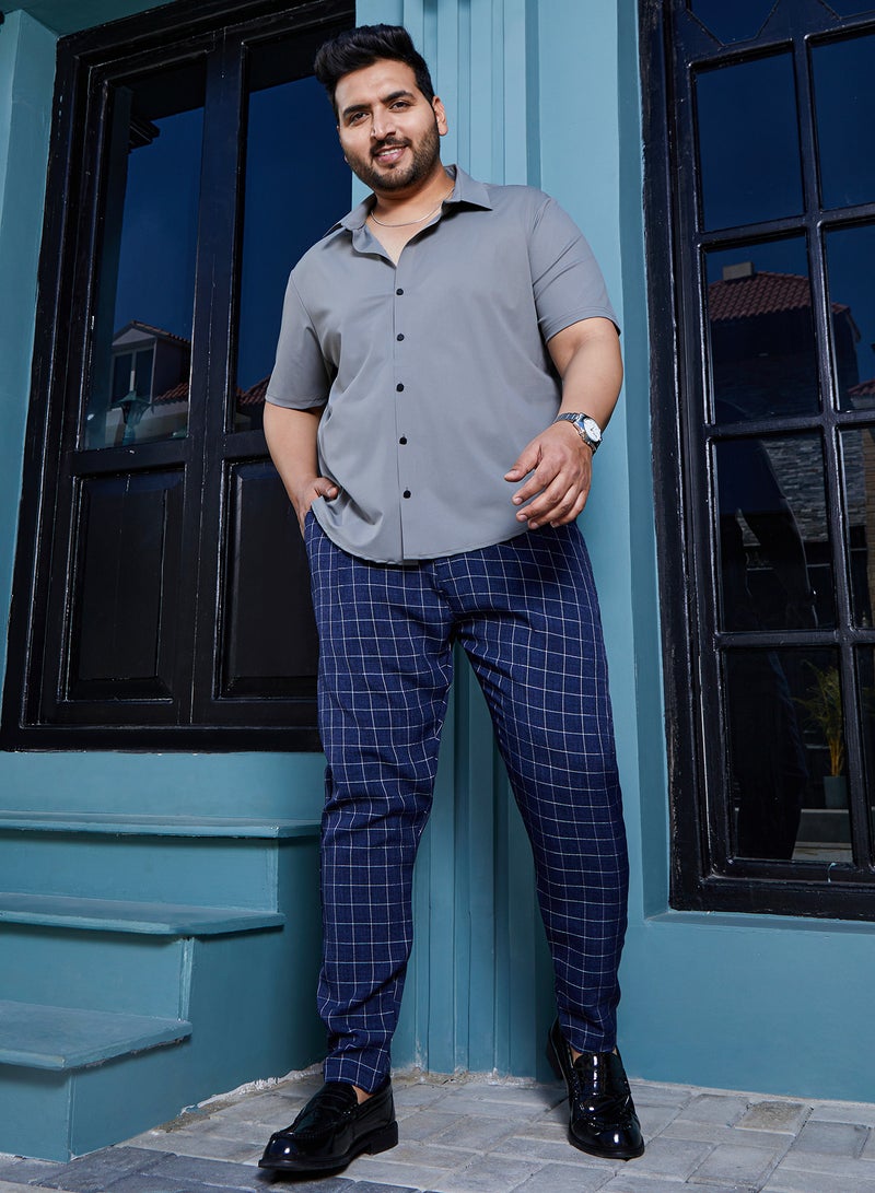 Instafab Plus Instafab Plus Men's Navy Blue Graph Tailored Trousers For Casual Wear | Mid-Rise | Regular Fit | Button Closure | Plus Size Trousers Crafted With Comfort Fit For Everyday Wear  - Image 5