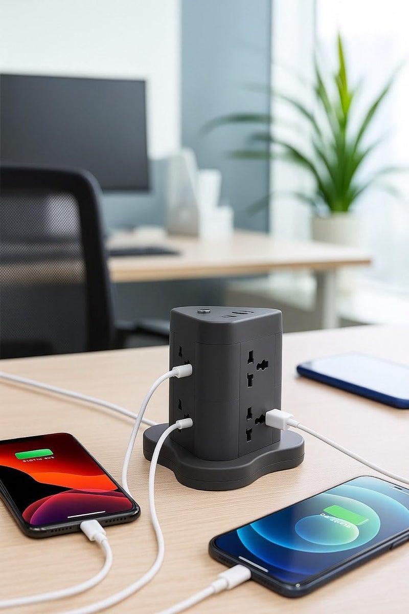 NOJTI Extension Board, Power Strip with 6 USB Ports and 3 Universal Socket, 2500W 10A Extension Cord, 3-Pin Surge Protector Power Strip for Home, Office, Computer, Mobile Charging (Black-N82) - Image 4