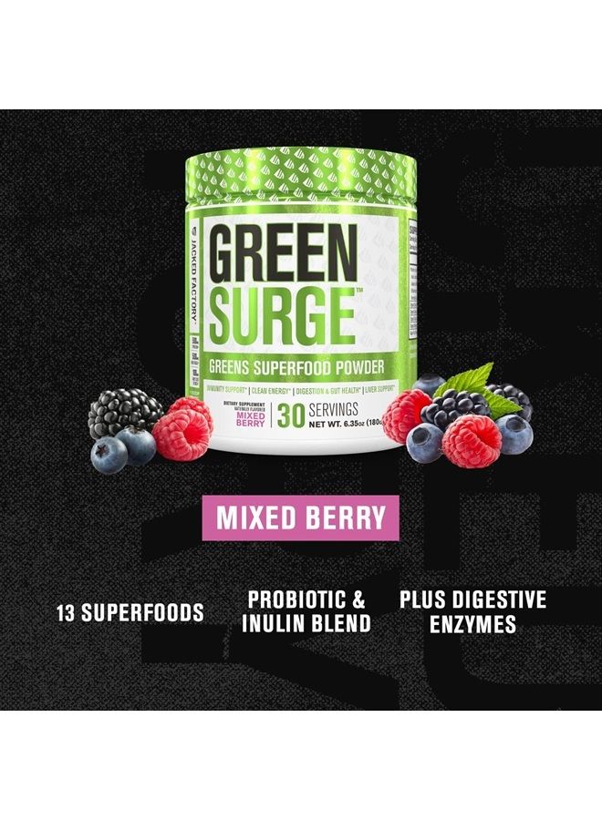 Jacked Factory Herbal Supplement Green Surge Superfood Powder - Keto Friendly w/Spirulina, Wheat & Barley Grass - Probiotics & Digestive Enzymes, Immune Support, Boost Energy - Mixed Berry, 1 Pack - Image 2