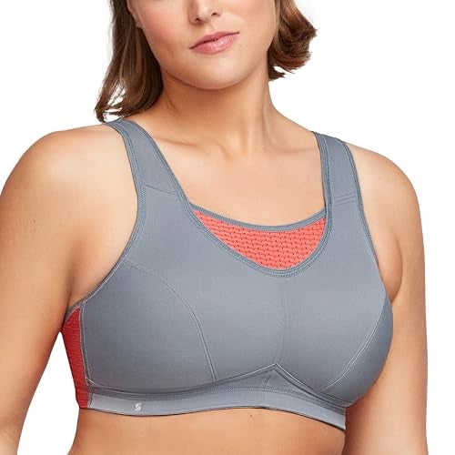 Glamorise Full Figure Plus Size No-Bounce Camisole Elite Sports Bra Wirefree #1067 Gray/Coral - Image 1