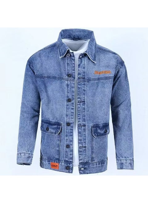 Trendy Denim Jacket Mens Spring Autumn Stylish Korean Version Top Motorcycle High-End Work Cl Jacket Casual Scene Suitable Blue