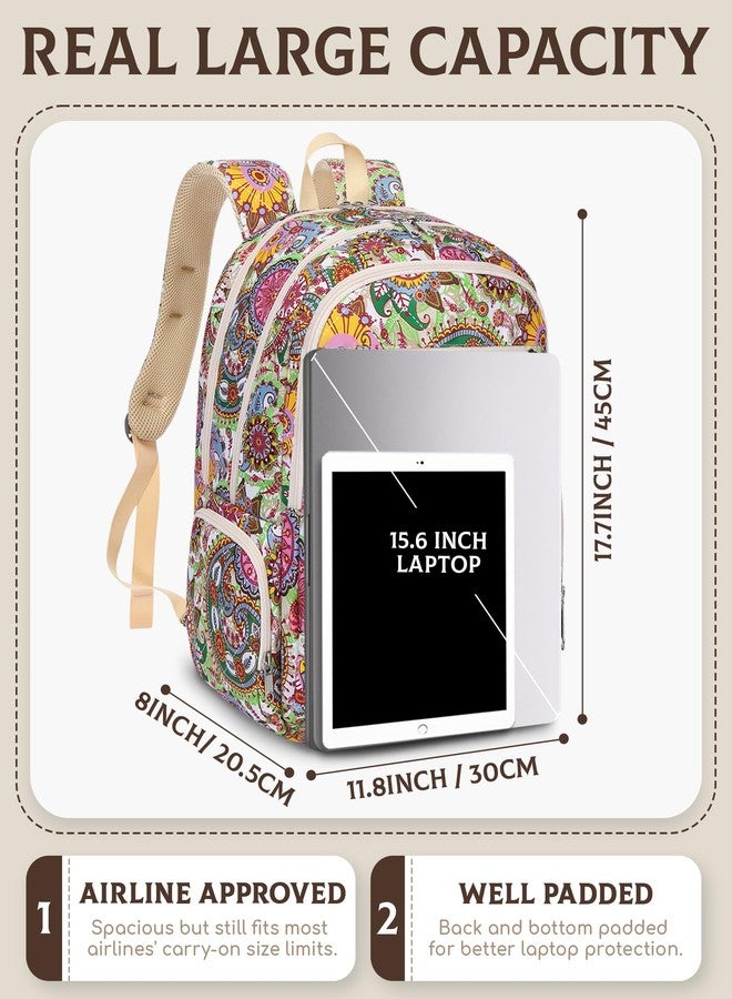 FOKDUVB Large Backpack for Women Backpack with Lots of Pockets for Travel Work School Bookbag with Laptop Compartment for High School College Girls Mochilas Morrales para Mujer (Beige/Green, Paisley) - Image 5