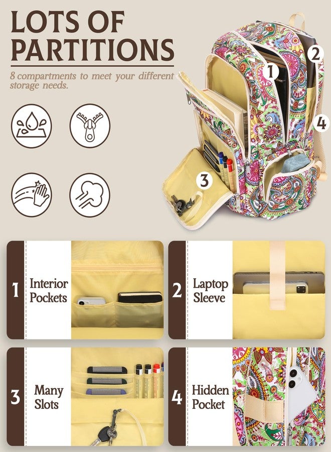FOKDUVB Large Backpack for Women Backpack with Lots of Pockets for Travel Work School Bookbag with Laptop Compartment for High School College Girls Mochilas Morrales para Mujer (Beige/Green, Paisley) - Image 4