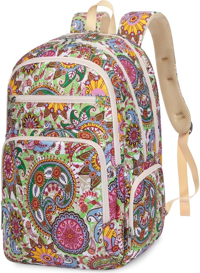 FOKDUVB Large Backpack for Women Backpack with Lots of Pockets for Travel Work School Bookbag with Laptop Compartment for High School College Girls Mochilas Morrales para Mujer (Beige/Green, Paisley) - Image 1