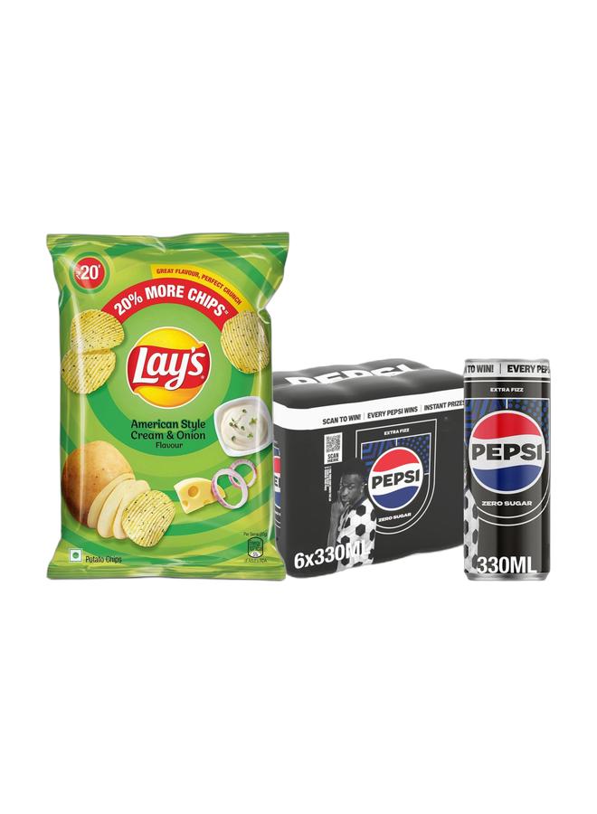 Pepsi Lay's American Style Cream And Onion Flavour 48grams + Pepsi Carbonated Soft Drink Zero Calories And No Sugar Cans 330ml Pack of 6 - Image 1