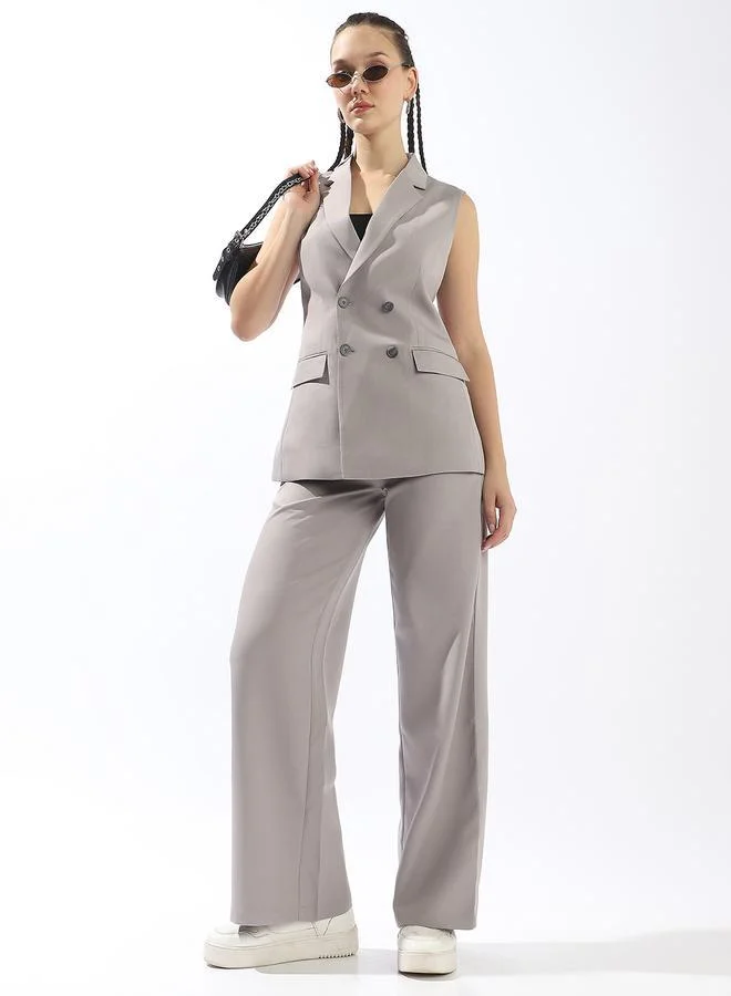 هاي ستار طقم فيست تشينوز نسائي رمادي بوليستر مزدوج الصدر مفصل بمقاس ضيق