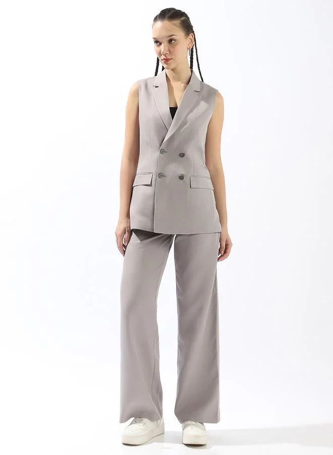 هاي ستار طقم فيست تشينوز نسائي رمادي بوليستر مزدوج الصدر مفصل بمقاس ضيق