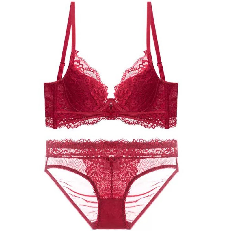 Women's Sexy French Lace Embroidered Push-Up Bra with Underwire, Thin Molded Cup - Red - Image 5