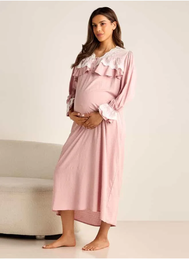 FAV Lace Detail Textured Maternity Dress with Long Sleeves