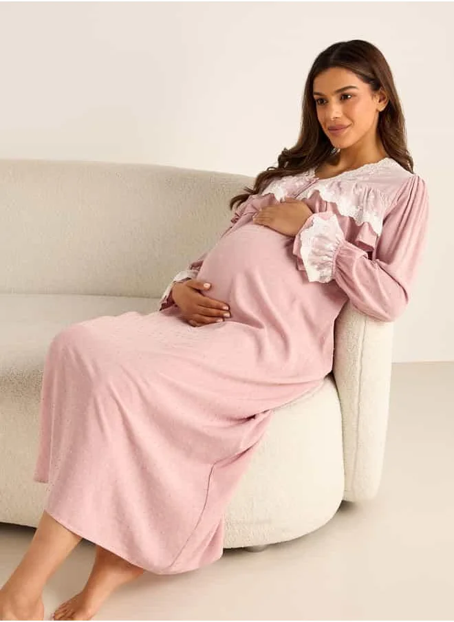 فاف Lace Detail Textured Maternity Dress with Long Sleeves