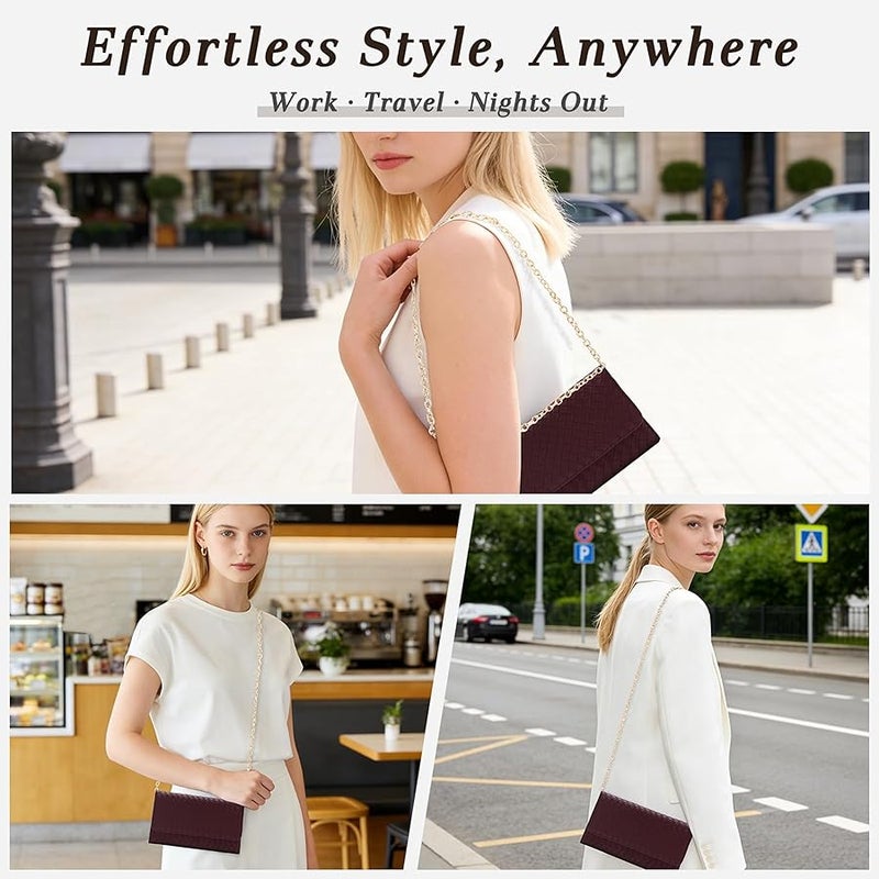 U+U Wallet for Women,Woven Credit Card Holder with Detachable Metal Chain,Crossbody Shoulder Handbag - Image 2