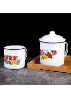 Enamel Cup Nostalgic Classic Large Iron Cup With Lid Old-fashioned Double Happiness Tea Tank Old Cadre Large Capacity Water Tea Wholesale-Color:White Flower White Lid-Capacity:10cm750ml (random Pattern)