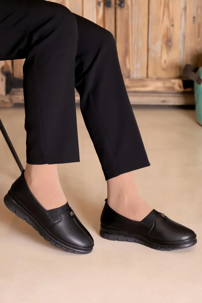 كابتن جونيور Captain Junior Women's Black Classic Shoes Orthopedic Mother Shoes Mother Ballerina Shoes Mother Women's Daily Shoes Zslnk 510