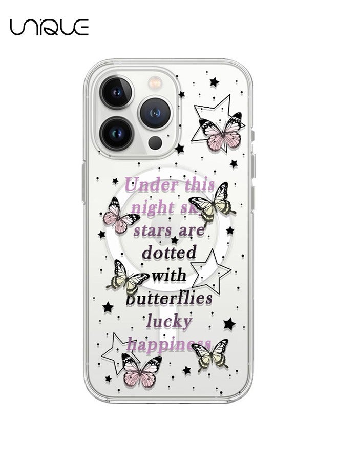 Unique Compatible with iPhone 15 Pro Case, MagSafe Case, Pink Black English Graffiti Case, Pink Yellow Butterfly Case, TPU Drop Protection - Clear - Image 1