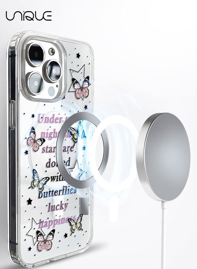 Unique Compatible with iPhone 15 Pro Case, MagSafe Case, Pink Black English Graffiti Case, Pink Yellow Butterfly Case, TPU Drop Protection - Clear - Image 3