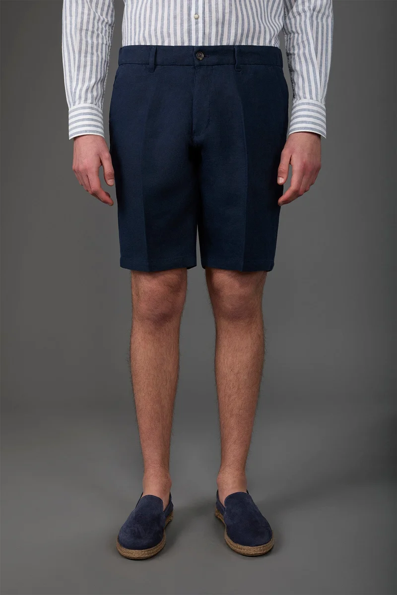 Men's Bermuda shorts with elastic waistband 100% linen - Blue