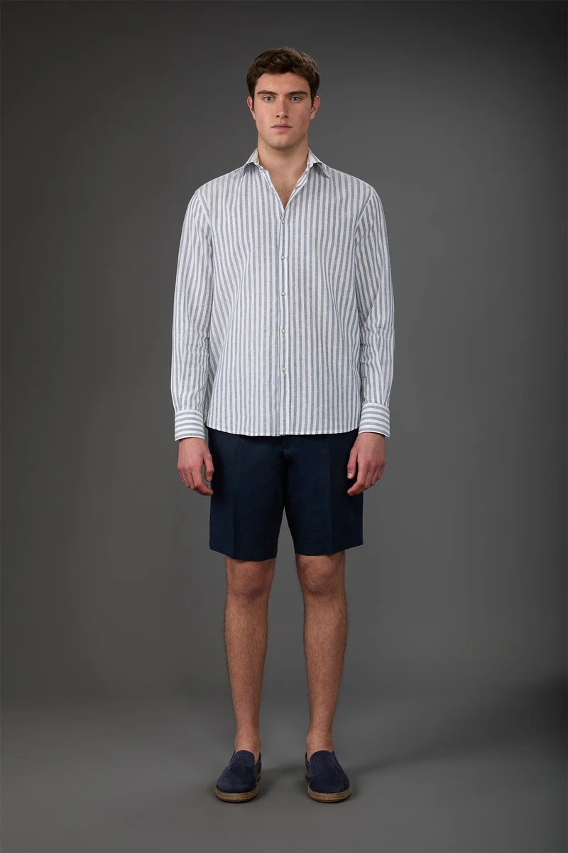 Doppelganger Men's Bermuda shorts with elastic waistband 100% linen - Blue