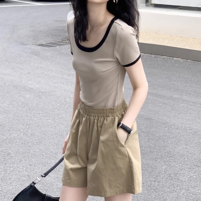 Official Figure [Ice Silk Thread] Simple Contrast Color Short Sleeve T-Shirt Slim Joker Slim Short U Collar - Image 3