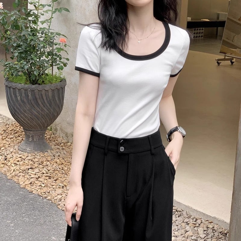 Official Figure [Ice Silk Thread] Simple Contrast Color Short Sleeve T-Shirt Slim Joker Slim Short U Collar - Image 4