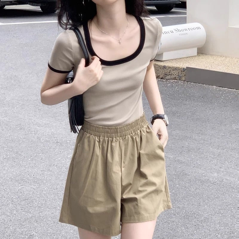 Official Figure [Ice Silk Thread] Simple Contrast Color Short Sleeve T-Shirt Slim Joker Slim Short U Collar - Image 5
