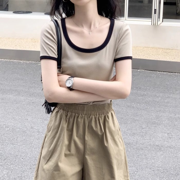 Official Figure [Ice Silk Thread] Simple Contrast Color Short Sleeve T-Shirt Slim Joker Slim Short U Collar - Image 1