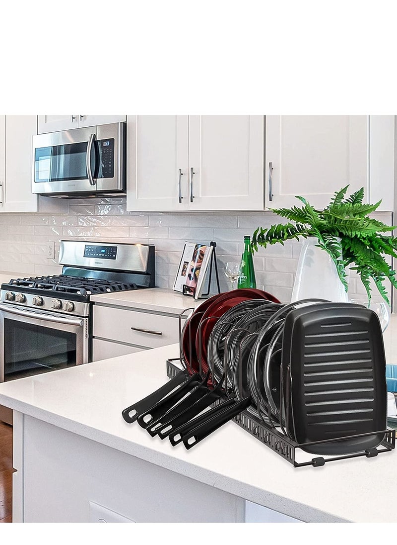 Womdee - Pot Lid Organizer Pan Holder Rack with 10 Dividers and 4 Hooks, Expandable Cookware Rack for Kitchen Cabinet Cupboard Pantry, Skillet Frying Pan Pot Lid Storage -Bronze - Image 1