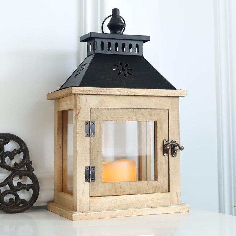 NEEDOMO 13" Farmhouse Decor Wooden Candle Lantern Indoor, Large Table Centerpiece Lanterns Decorative Outdoor, Hanging Rustic Candle Holders for Shelf Wedding Living Room Patio - Image 1