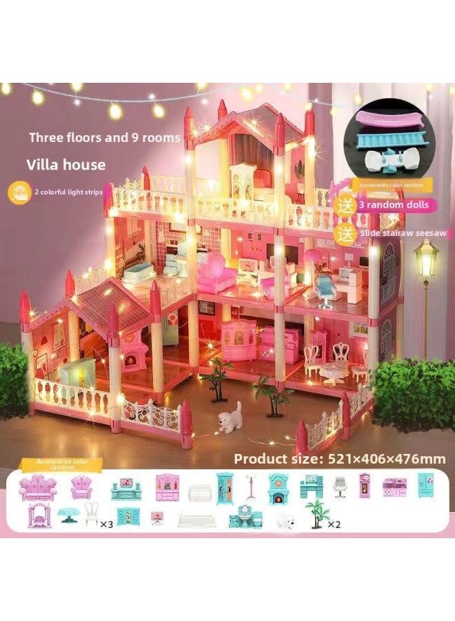 Children's Play Toy Assembled Villa House Princess Castle Doll Toy House Children's Day Birthday Gift-Color:[luxury Princess Pink House] Three-story Nine-rooms And Three Terraces With Free Stair Slide Seesaw 3 Dolls 2 Lights  - Image 1