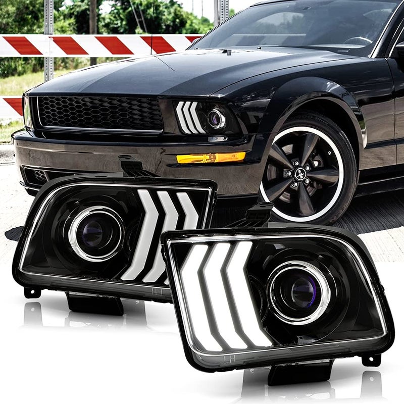 ACANII For 20052009 Ford Mustang Black Housing LED Tube Projector Headlights Headlamps Assembly Pair Set LeftRight