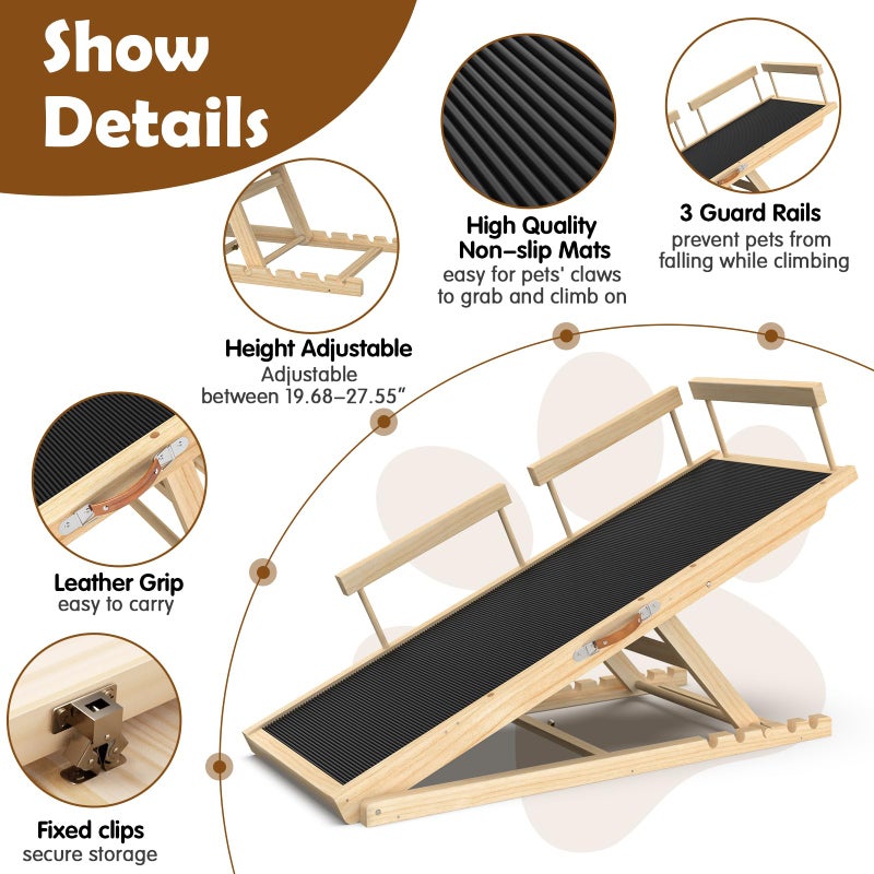 X XBEN 55.11" Adjustable Dog Ramp for Bed - Upgraded Wooden Pet Ramp with Non-Slip Silicone Surface and Side Rails, 6 Height Settings (19.68-27.55"), Holds Up to 250lb, Pet Stairs for Senior & Large Dogs - Image 4
